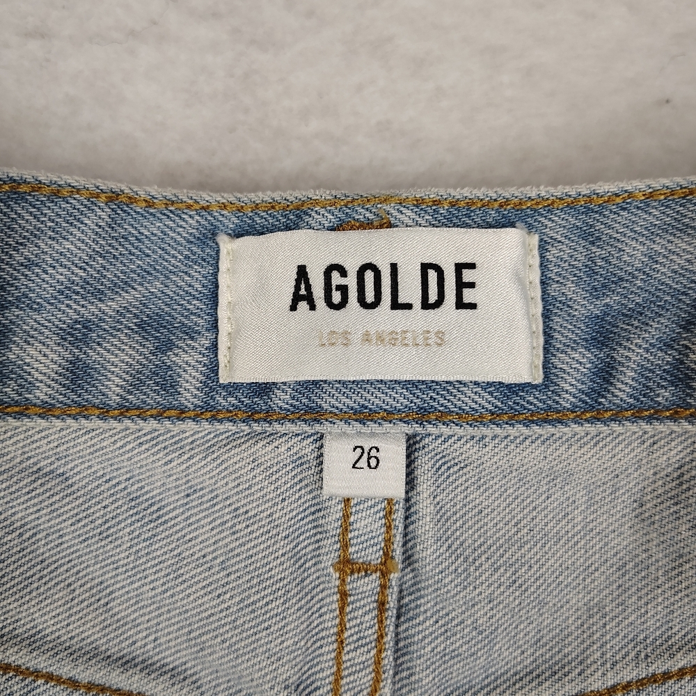 Agolde High Waist Distressed Denim Shorts in Light Blue - Picture 6 of 9